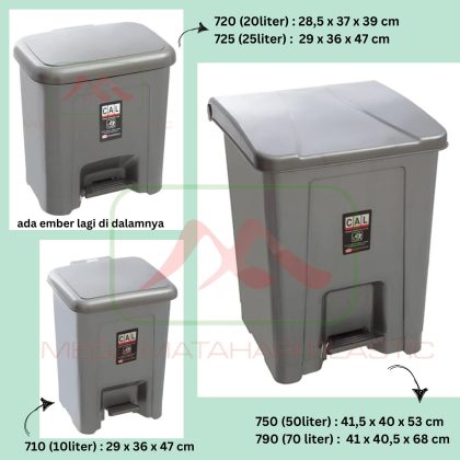 Tempat sampah injak segi 10liter 710 Cielo / 20liter 720 Corona / 25liter 725 Champion / 50liter Challenge / 70liter Sigma Shinpo