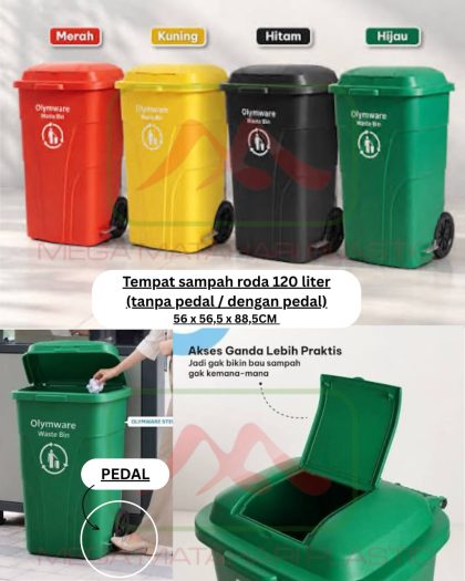 Tempat sampah roda hitam / warna ada jendela 120liter Olymware (pedal / non pedal)
