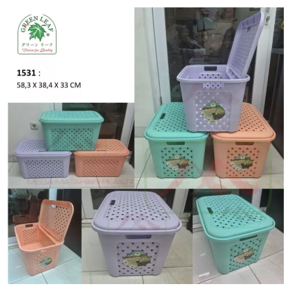 Keranjang baju segi + tutup 1531 Roselle Green Leaf (58,3 x 38,4 x 33 CM)
