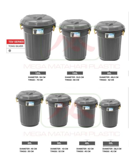 Ember / Tong Silver Abu + Tutup gagang samping 30liter / 40liter / 50liter / 60liter / 80liter / 100liter / 120liter Taiwan